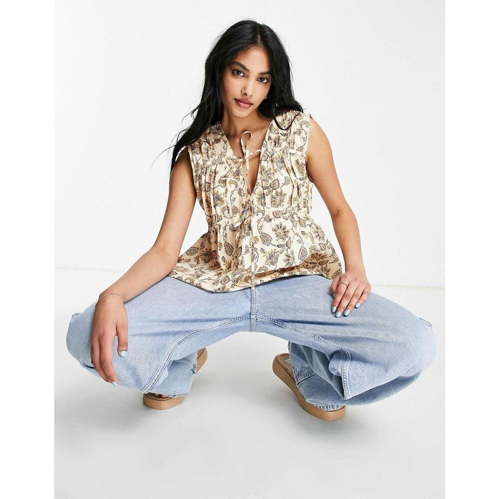 Mango Medium Cream Paisley Print Sleeveless Boho Peplum Tunic Top NWT